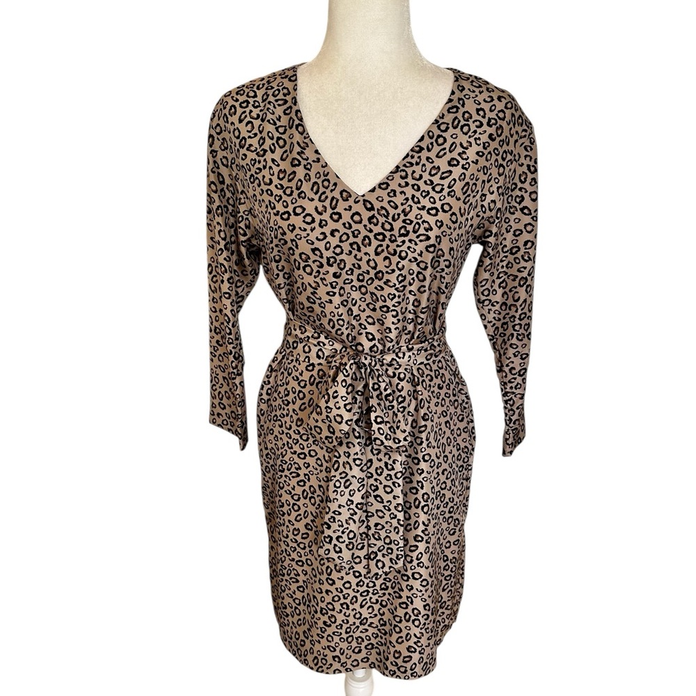EUC Theory Tan and Black Leopard Print 3/4 Sleeve Silk Dress, size 4